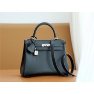 Hermes Kelly 25cm Bag noir in box leather With silver Hardware (full handmade)