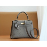 Hermes Kelly 25cm Bag gris in ostrich leather With Gold Hardware (full handmade)