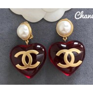 Chanel Resin Pearl Heart Pendant Earrings Red/White 2018