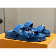Louis Vuitton Bom Dia Flat Comfort Mule in blue suede leather 2024