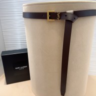Saint Laurent Width 3cm cassandre thin belt in vegetable-tanned leather dark brown/gold 2025