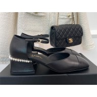Chanel Pearl Around Heel 5.5cm Open Shoes G39245 Leather Black 2022