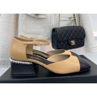 Chanel Pearl Around Heel 5.5cm Open Shoes G39245 Leather apricot 2022
