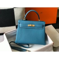 Hermes Kelly 28cm/32cm Bag In clemence Leather With Gold Hardware denim blue