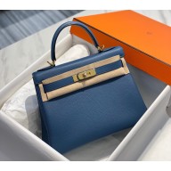 Hermes Kelly 28cm/32cm Bag In clemence Leather With Gold Hardware bleu agate