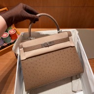 Hermes kelly 25 bag in ostrich leather etoupe handmade