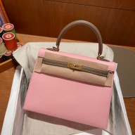 Hermes kelly 25 bag in mysore leather pink/gray handmade