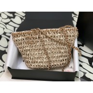 CHANEL Crochet, Mixed Fibers, Calfskin & Gold-Tone Metal Beige Small Shopping Bag AS3689 2023