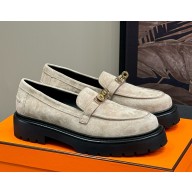Hermes Women's Icone Loafers suede Leather with Kelly buckle beige 112101-2024