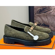 Hermes Women's Icone Loafers suede Leather with Kelly buckle army green 112103-2024