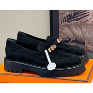 Hermes Women's Icone Loafers suede Leather with Kelly buckle black 112104-2024