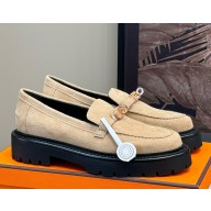 Hermes Women's Icone Loafers suede Leather with Kelly buckle beige 112105-2024
