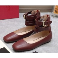 VALENTINO GARAVANI BURGUNDY LEATHER BALLERINA BALLET GLADIATOR FLATS 2024