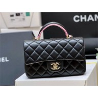 Chanel Mini Classic Flap Bag with Top Handle in black/pink sheepskin AS2431 2024