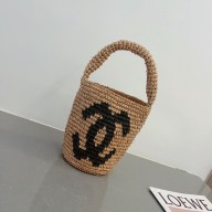 chanel logo printed raffia bucket bag 2023