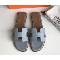 Hermes Oran Flat slippers in epsom leather azure/brown