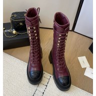 Chanel Crinkled Calfskin Quilting Combat Boots with CC logo burgundy 1109-2024