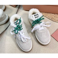 Miu Miu lace-up suede calfskin with shearling sneakers white 1109-2024