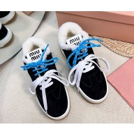 Miu Miu lace-up suede calfskin with shearling sneakers black 1109-2024