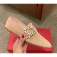 Roger Vivier Viv' Driver Strass Buckle Loafers in suede Leather nude pink 1029-2024