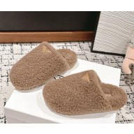 Prada Enameled metal triangle logo shearling padded slippers grey 1029-2024