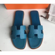 Hermes Oran Flat slippers in epsom leather Mykonos with brown piping