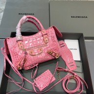 Balenciaga Classic City Small Bag Crocodile Embossed Calfskin Pink/gold