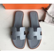 Hermes Oran Flat slippers in epsom leather blue lin with brown piping