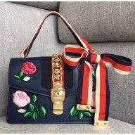 Gucci Embroidered Flower Sylvie Small Shoulder Bag 421882 Blue 2018