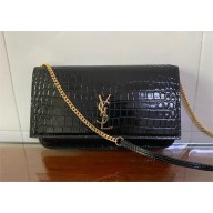 Saint laurent cassandre phone holder in shiny crocodile-embossed leather black 2025 (original quality)