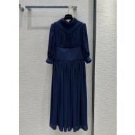 LOUIS VUITTON Topstitch Detail Gathered Silk Dress BLUE 2024