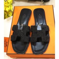 Hermes Oran Flat Sandals with Rhinestone Black 2018