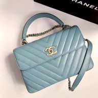 Chanel Chevron Trendy CC Small Flap Top Handle Bag A92236 blue with gold hardware