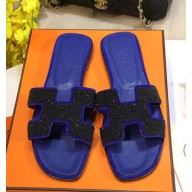 Hermes Oran Flat Sandals with Rhinestone Blue 2018