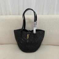 Saint Laurent panier small in raffia and vegetable-tanned leather BLACK 2024(original quality)