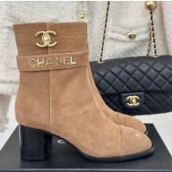 chanel brown suede leather ankle Boots with CC Logo heel 8cm 1111-2024