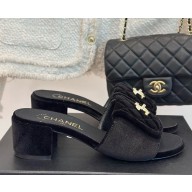 Chanel Velvet  CC Logo classic slippers Black  heel 5cm 1113-2024