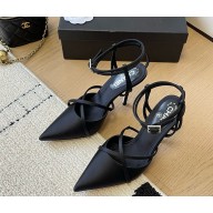 CHANEL silk Ankle Strap Pointed Toe Sandals black 1111-2024