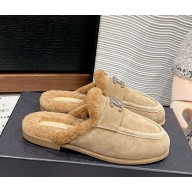 Chanel suede leather with Shearling CC Logo  Mules brown 1113-2024