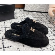 Chanel suede leather with Shearling CC Logo  Mules black 1113-2024