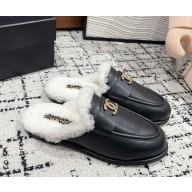 Chanel leather with Shearling CC Logo  Mules black 1113-2024