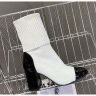 Chanel CC 85mm Ankle Boots Black Patent Knit white 1113-2024