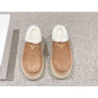 Prada Women's suede Brown Triangle-logo Round-toe Mules 2024
