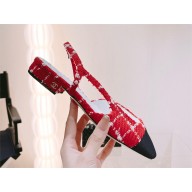 Chanel heel 2cm Red, White & Black Cotton Tweed & Grosgrain Sling-Back G31318 2023