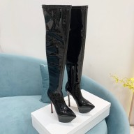 Amina Muaddi Angelica plateau platform boots in patent leather black 2022