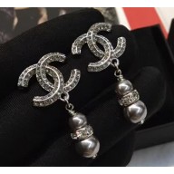 Chanel CC Pearl Pendant Earrings Silver/Grey 2018