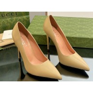Gucci Heel 10.5cm Leather Pointy Toe Pumps Beige 2023