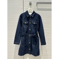 dior Long Belted Jacket in Blue Raw Cotton Denim 2024