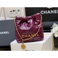chanel Shiny Calfskin & Gold-Tone Metal 22 Mini Handbag AS3980 burgundy 2023(original quality)