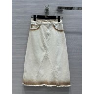 dior White Burned-Effect Cotton Denim Flared Mid-Length Skirt 2024